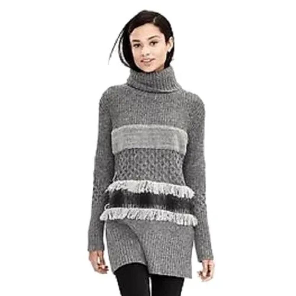 Banana Republic Gray Fringe Turtleneck Sweater Pullover Wool Alpaca Size XS